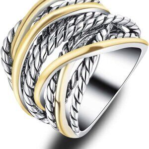 Wide Band Twist Rope Ring Two-Tone Metal Statement Jewelry for Women